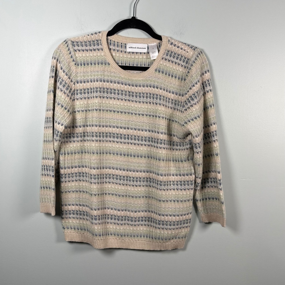 Alfred Dunner Vintage Striped Knit Sweater Blue Tan Cottagecore Size S Made  USA